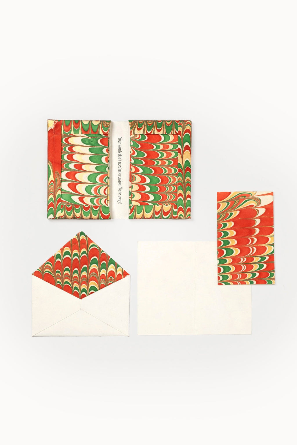 Hand-marbled notecard set of 8 with red green gold patterns, including envelope - Inner Child