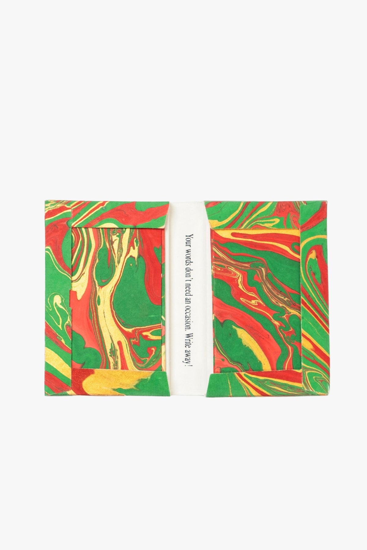 Hand-marbled notecard set in Holiday Wave with vibrant red/green/yellow marble patterns