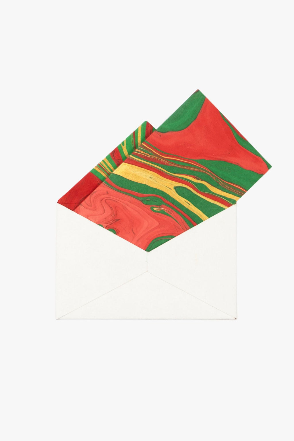 Hand-marbled notecard from Holiday Wave collection in red/green/yellow marble pattern with envelope
