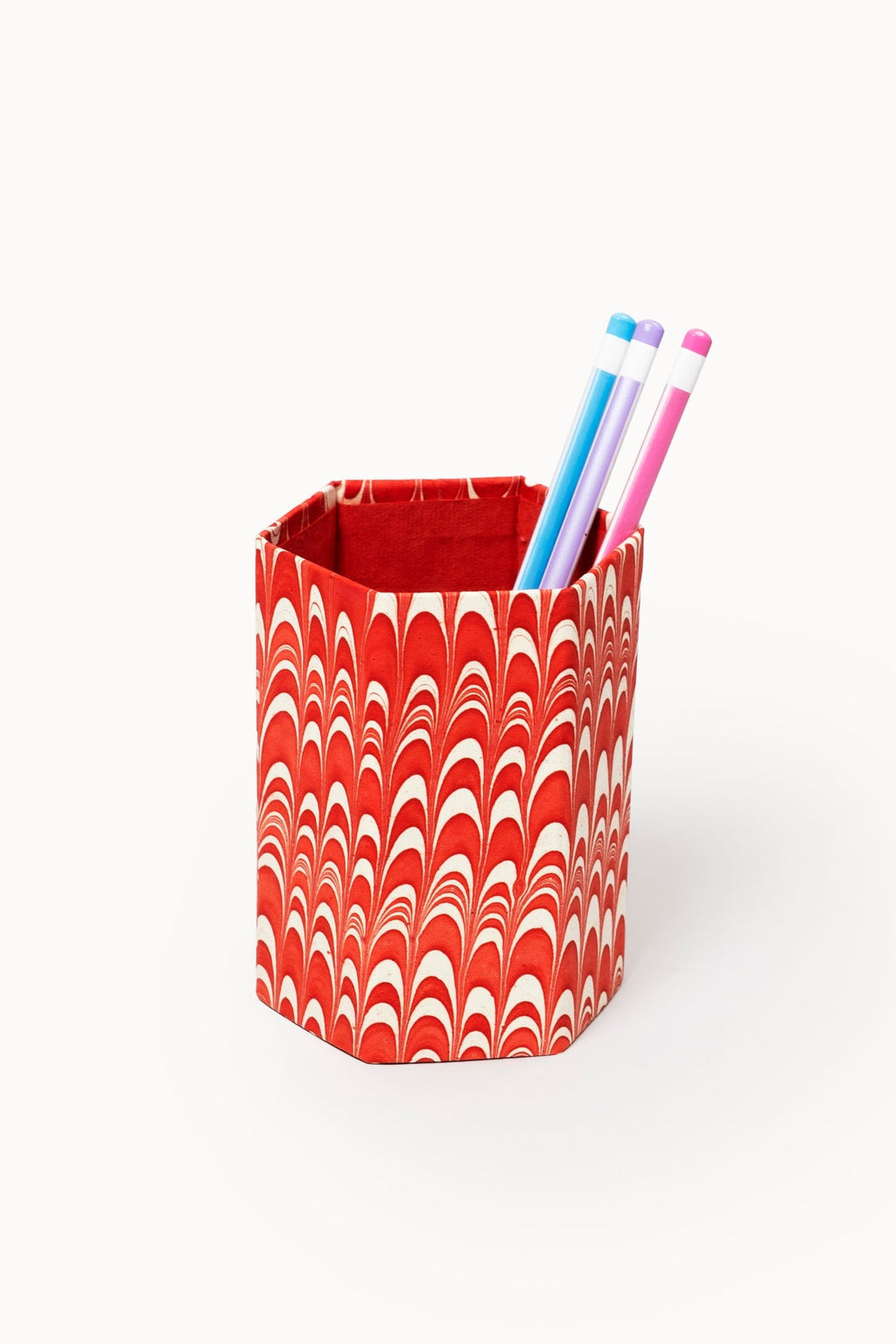 Hand-marbled Candy Swirl pencil holder, red white marbled fabric, holding colored pens