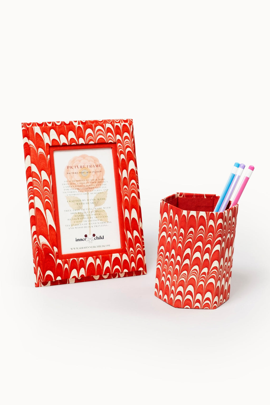 Hand-marbled Candy Swirl picture frame & pencil holder, matching red white pattern, Inner Child