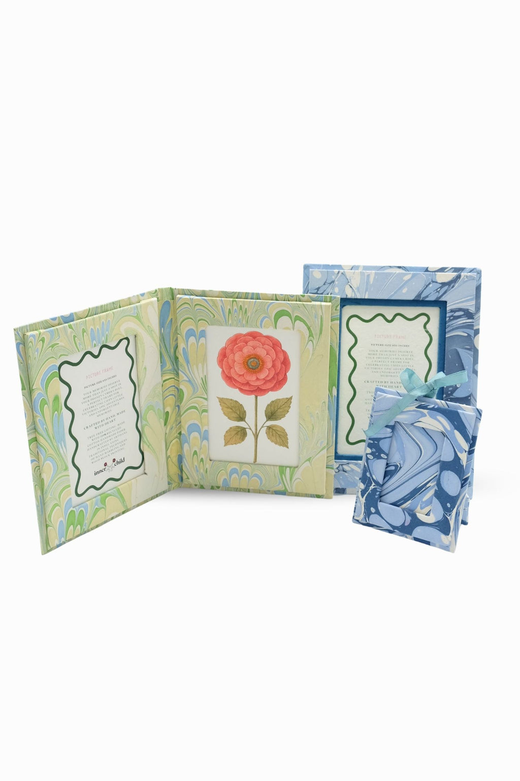 Multiple hand-marbled book frames, seaglass peacock & ocean wave patterns