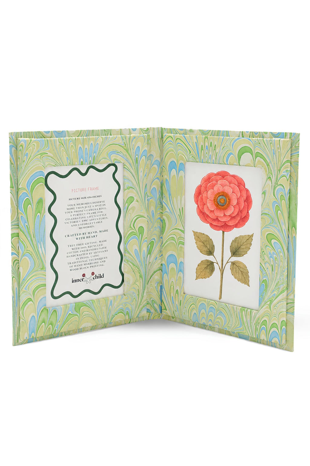 Hand-marbled folding book frame, seaglass peacock pattern, green/blue swirls