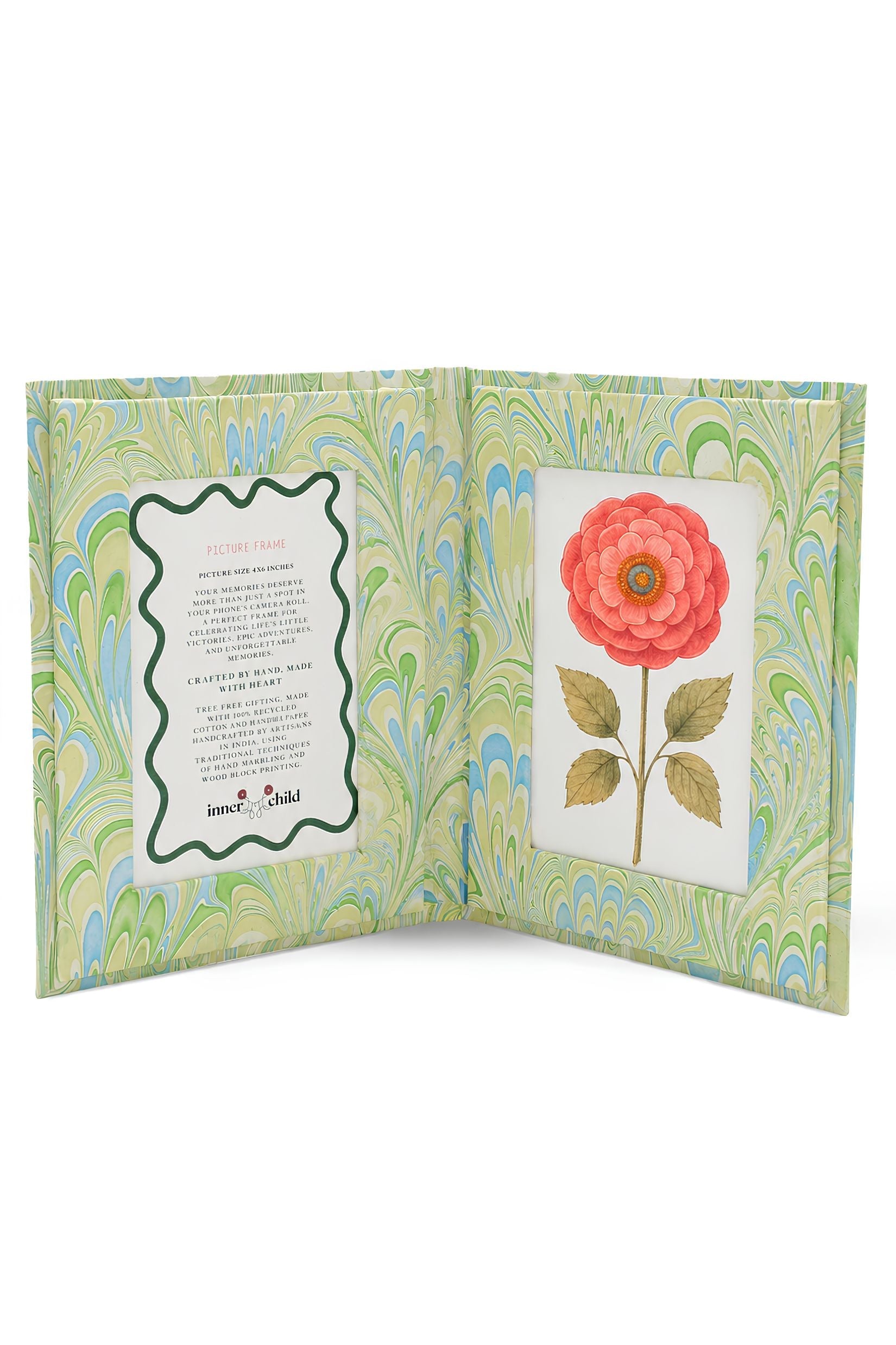 Hand-marbled folding book frame, seaglass peacock pattern, green/blue swirls