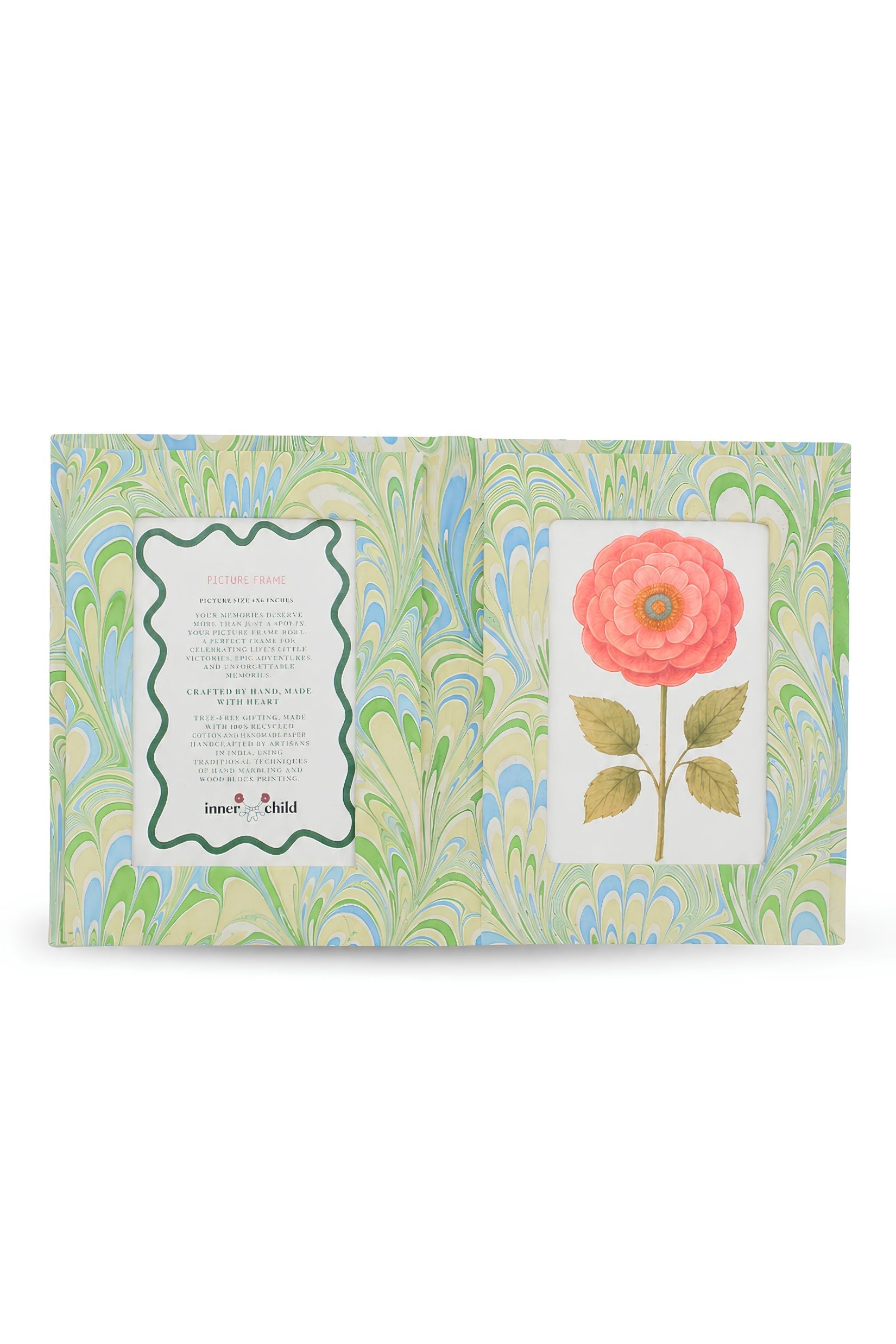 Hand-marbled folding book frame, seaglass peacock pattern with green/blue swirls