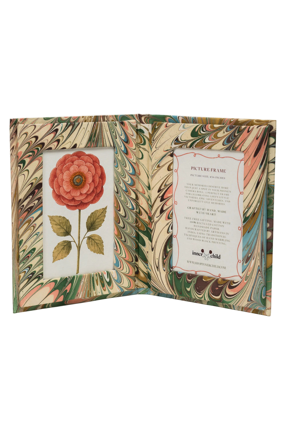 Open hand-marbled folding picture frame book from Inner Child with flower illustration