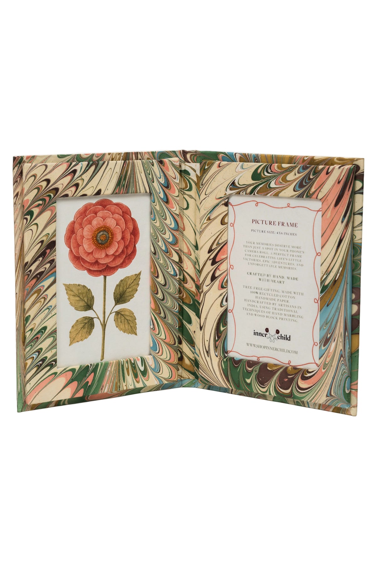 Open hand-marbled folding picture frame book from Inner Child with flower illustration