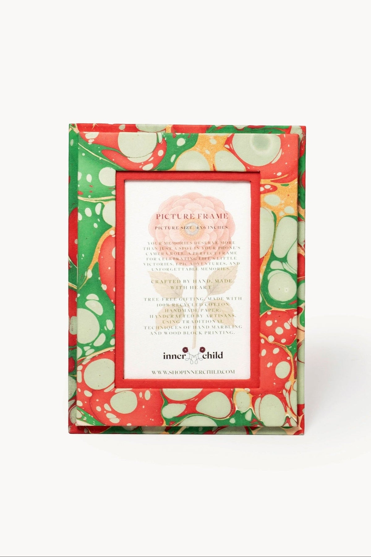 Inner Child's hand-marbled 4x6 picture frame featuring colorful red, green, gold patterns
