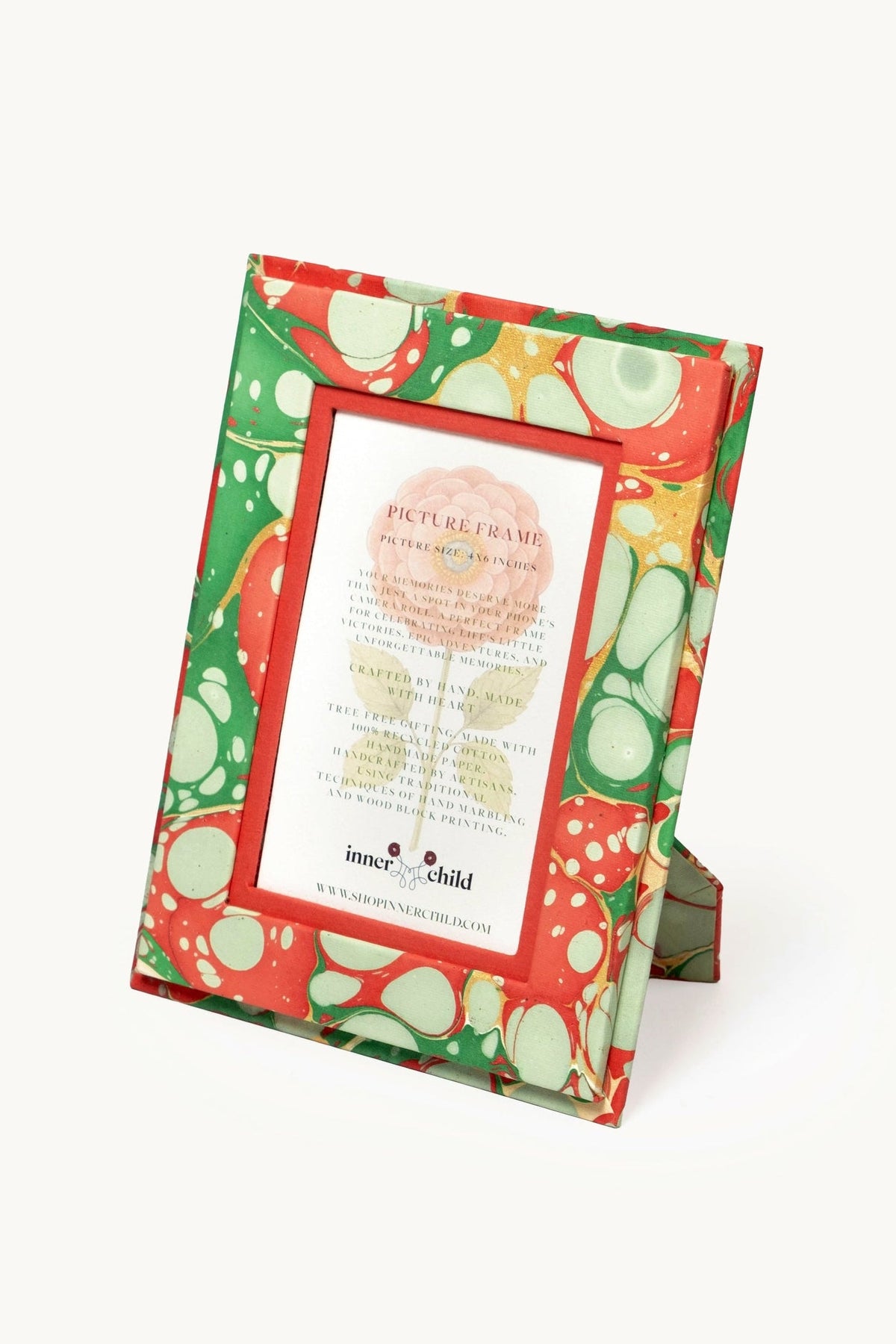 Single hand-marbled 4x6 frame with green-red-gold Christmas gems from Inner Child