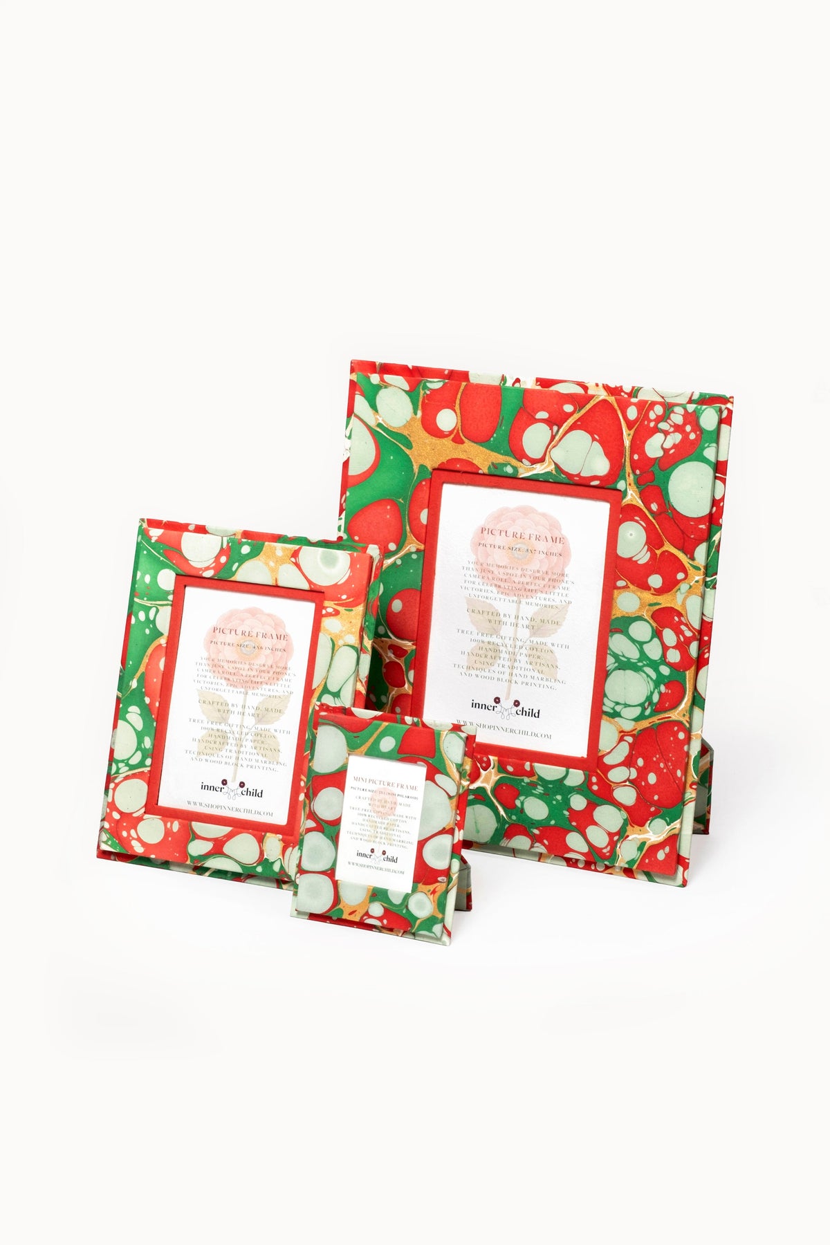Multiple hand-marbled frames with green-red-gold Christmas gems, 4x6 from Inner Child