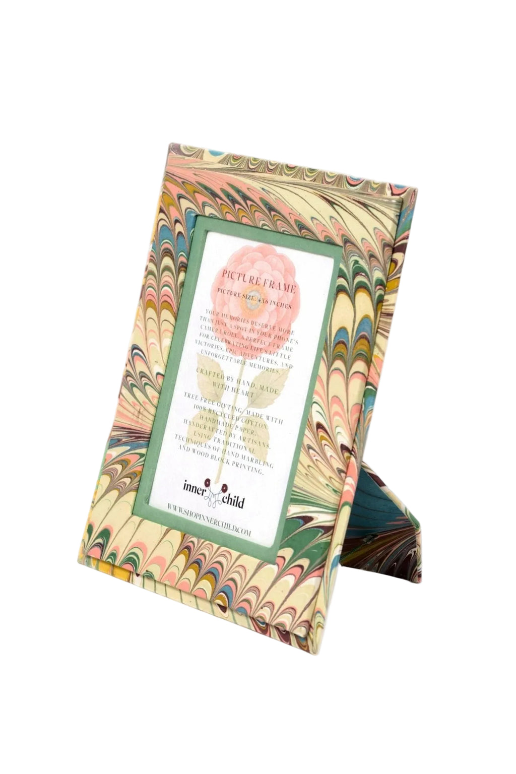 Inner Child's hand-marbled 4x6 picture frame with soft pink, blue, beige feather patterns