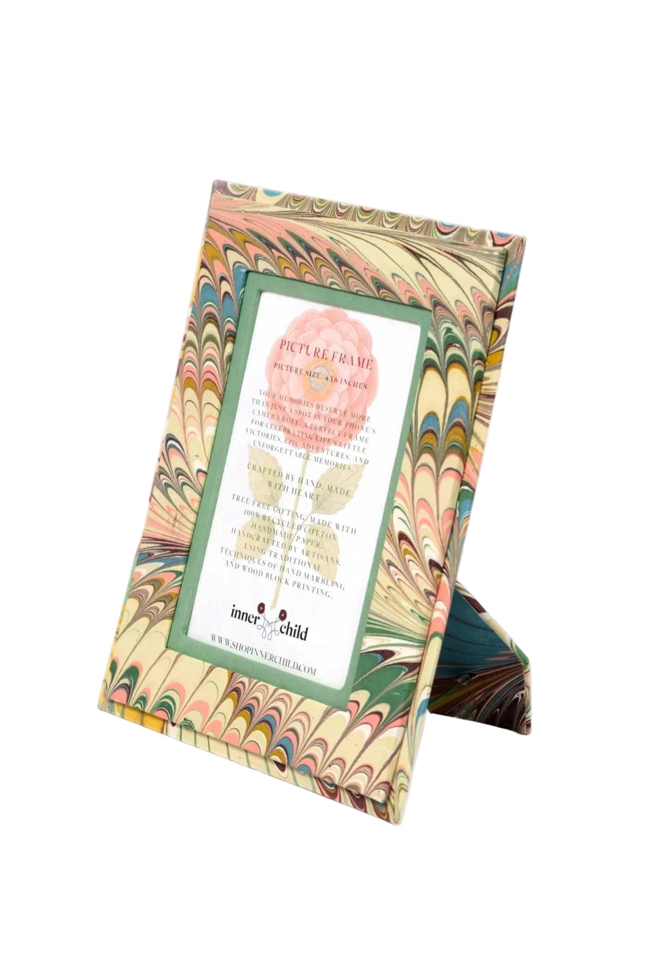 Inner Child's hand-marbled 4x6 picture frame with soft pink, blue, beige feather patterns