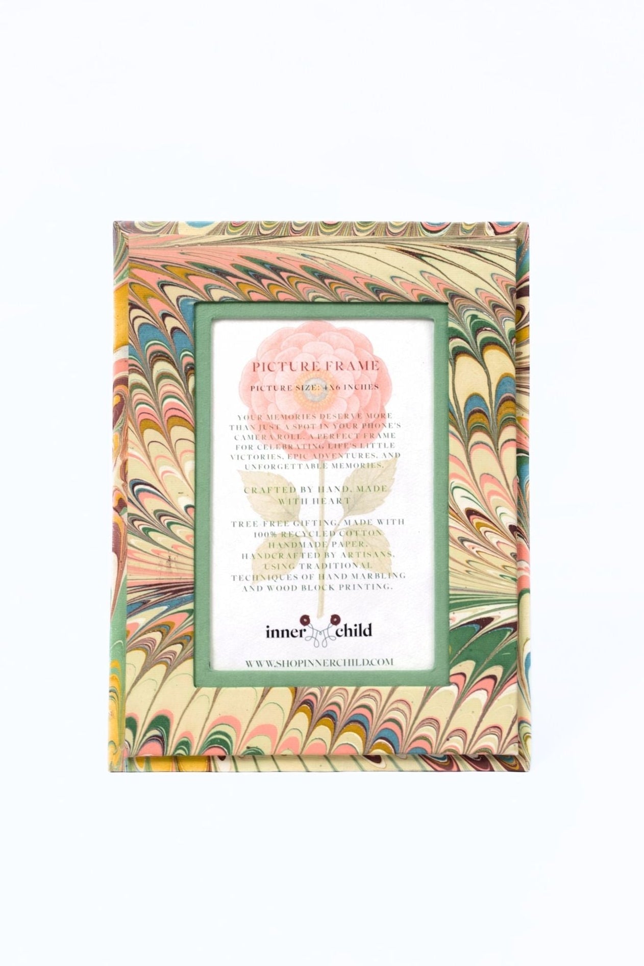Inner Child's hand-marbled 4x6 picture frame with soft pink, blue, beige feather designs