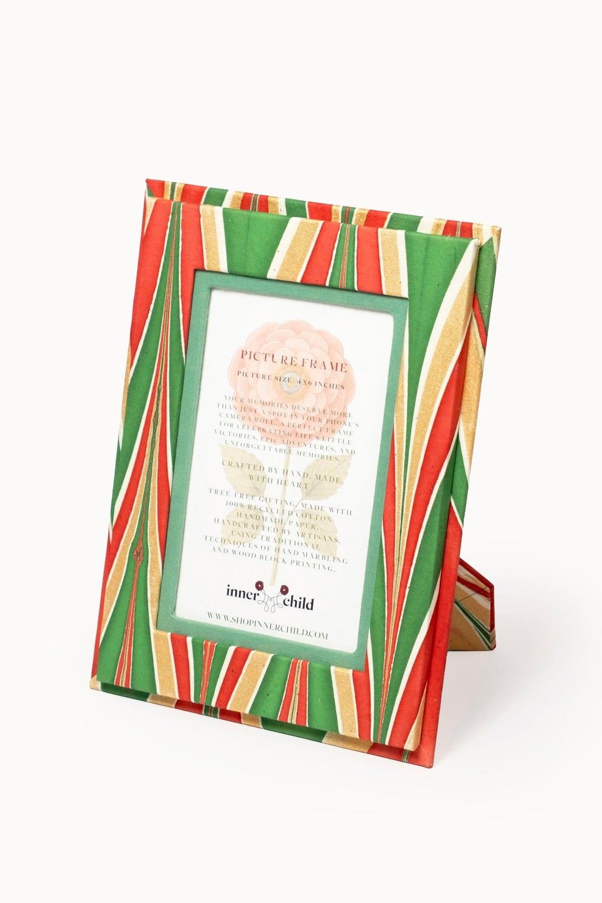 Inner Child's hand-marbled 4x6 picture frame with red, green, gold diagonal stripe patterns