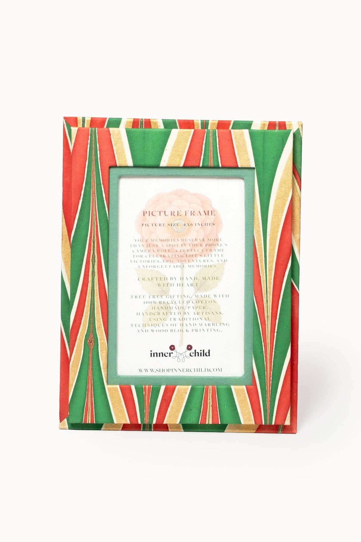 Inner Child's hand-marbled 4x6 picture frame with red, green, gold striped patterns