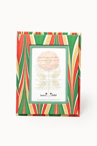 Inner Child's hand-marbled 4x6 picture frame with red, green, gold striped patterns