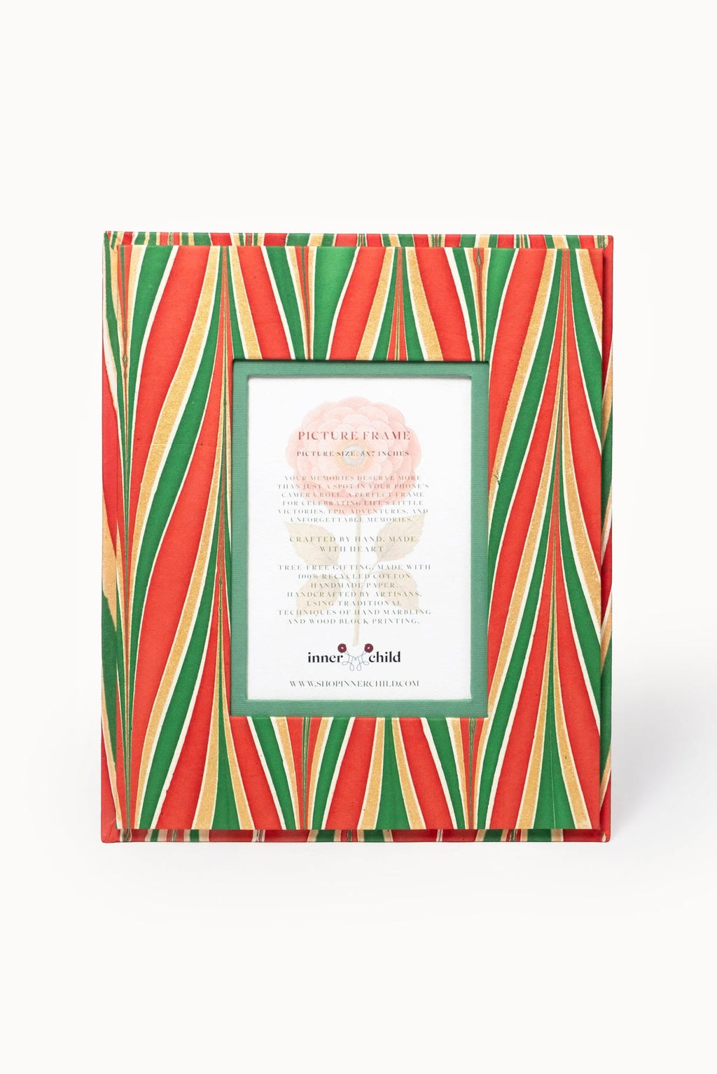Hand-marbled 5×7 picture frame with red-green-gold striped pattern, Inner Child
