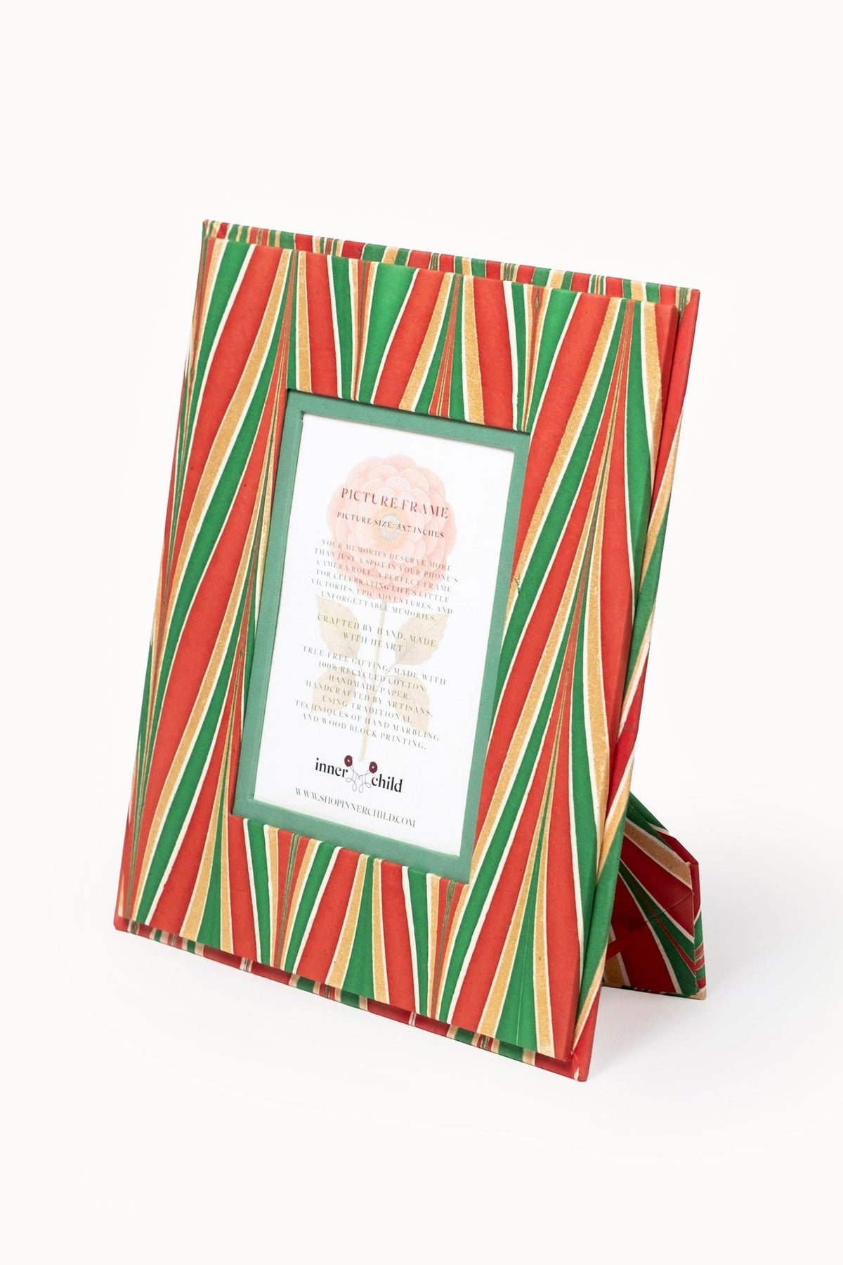 Hand-marbled 5×7 picture frame with red-green-gold striped pattern, Inner Child