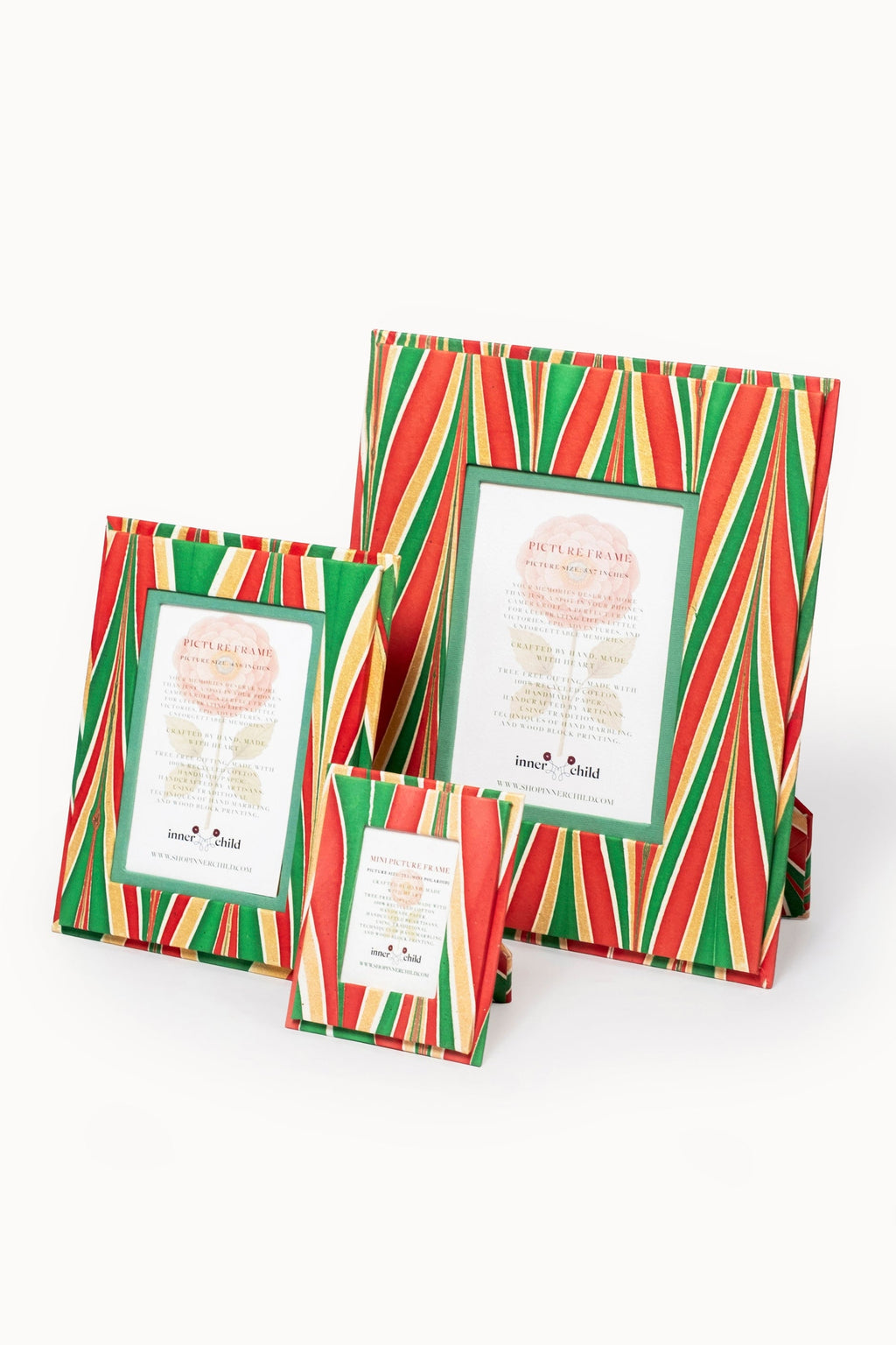 Hand-marbled 5×7 picture frame with red-green-gold striped pattern, Inner Child design