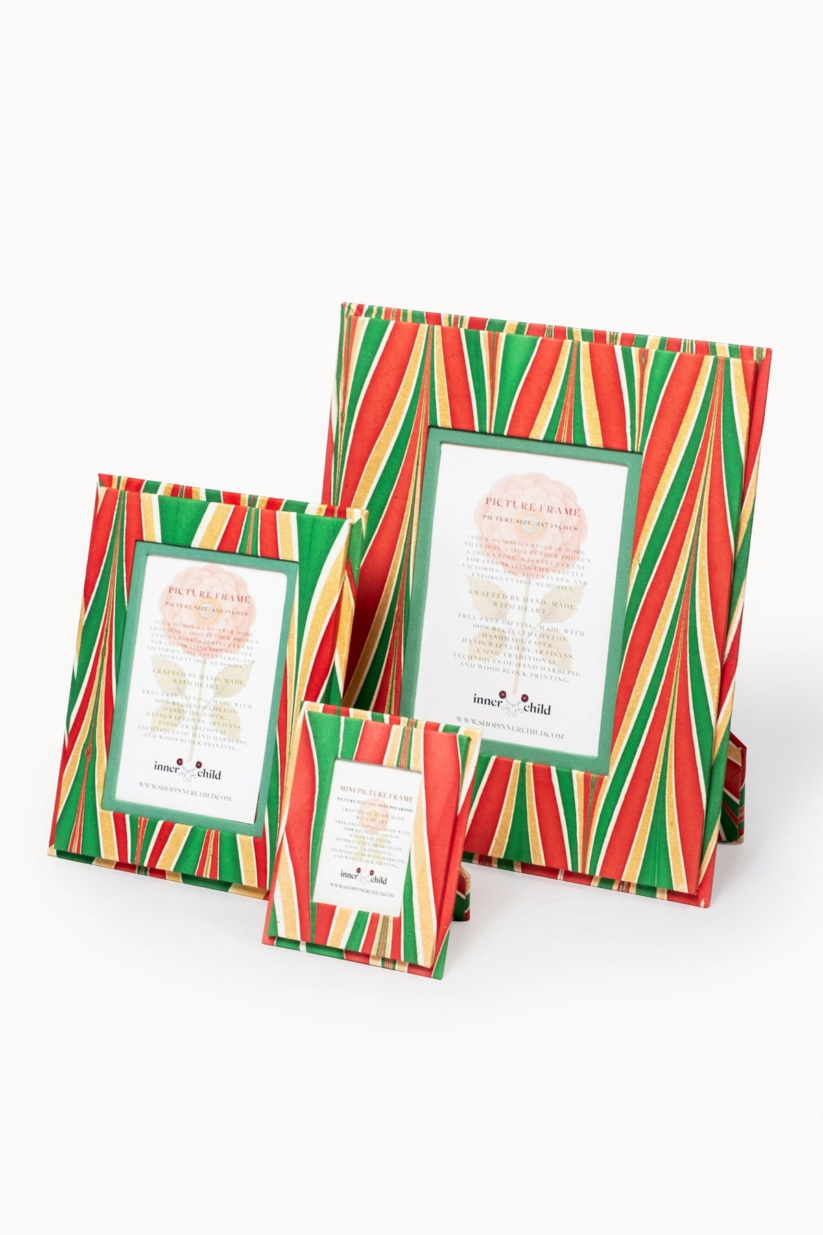 Hand-marbled 5×7 picture frame with red-green-gold striped pattern, Inner Child design