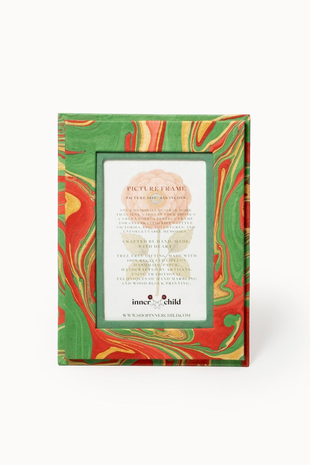 Hand-marbled 4x6 picture frame in Holiday Wave pattern with green, red, gold swirls