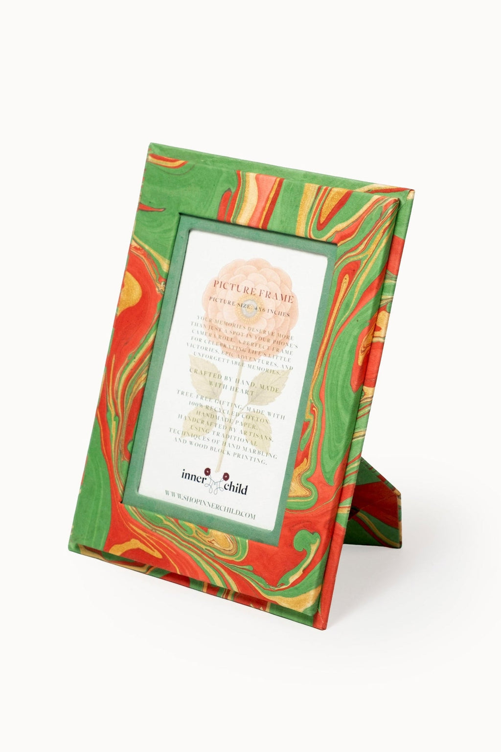 Hand-marbled 4x6 picture frame in Holiday Wave pattern with green, red, gold swirls
