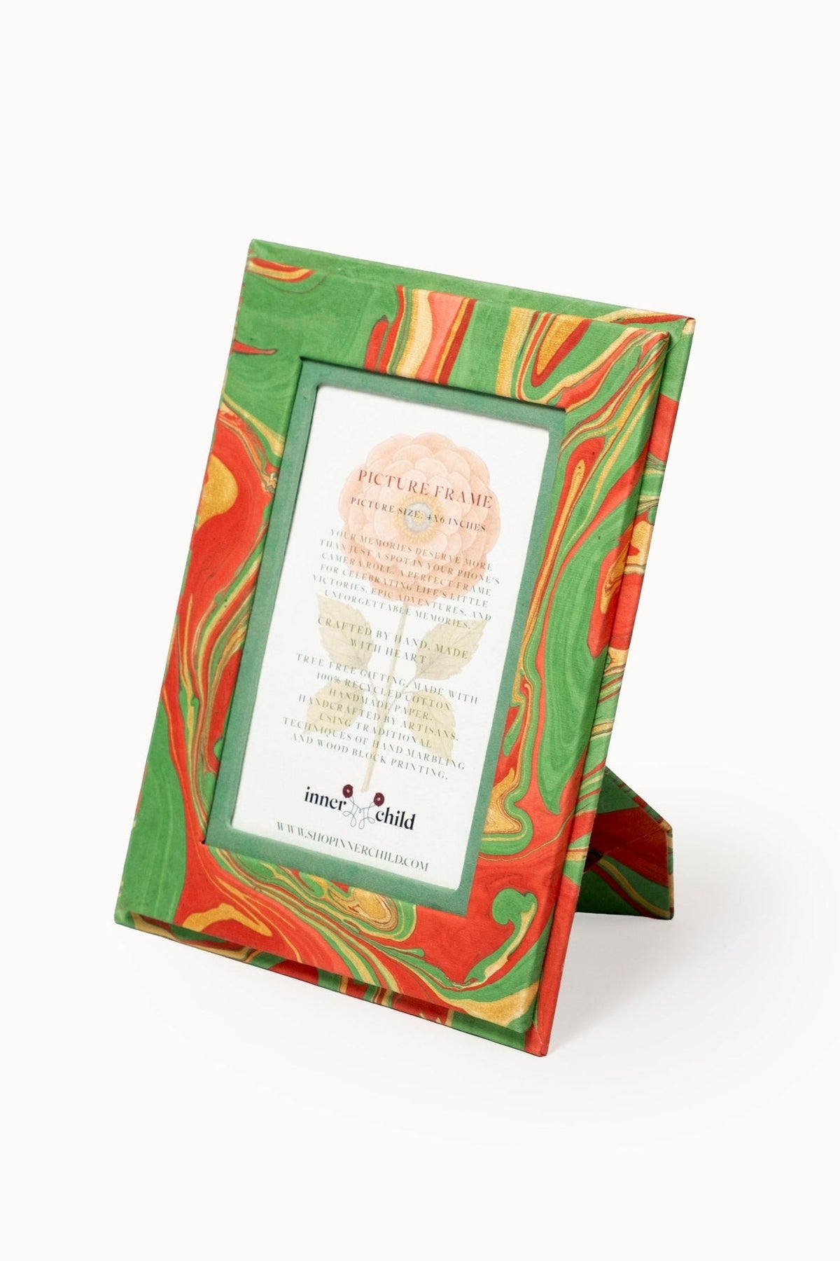 Hand-marbled 4x6 picture frame in Holiday Wave pattern with green, red, gold swirls