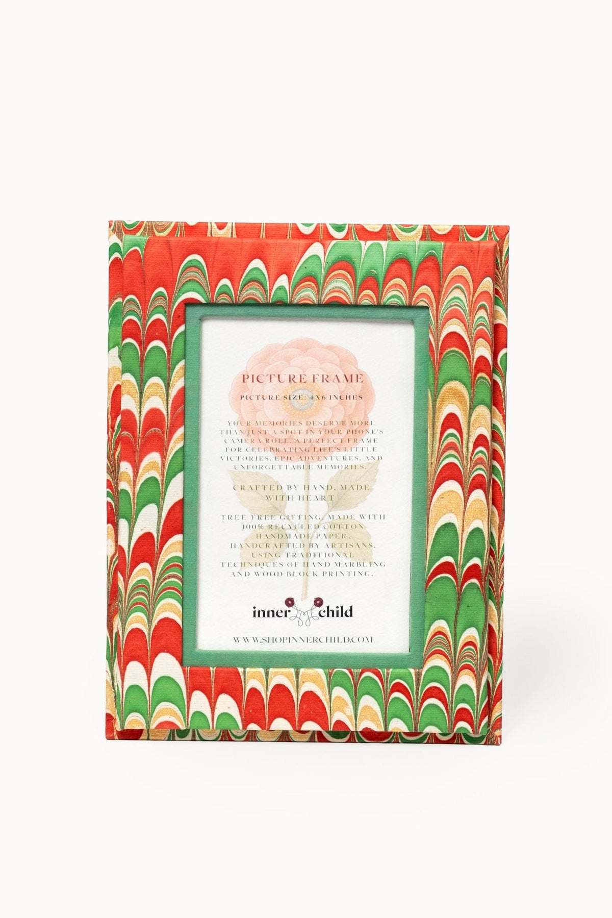 Hand-marbled 4×6 picture frame with red-green-white marbled pattern, Inner Child