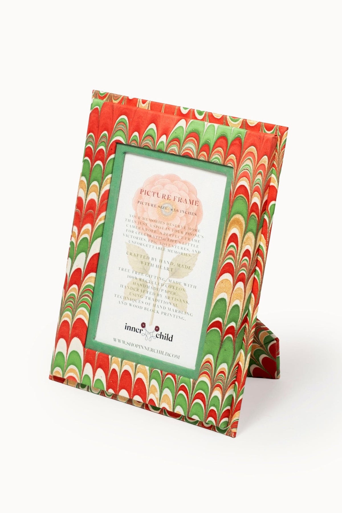 Hand-marbled 4×6 picture frame with red-green-white marbled pattern, Inner Child