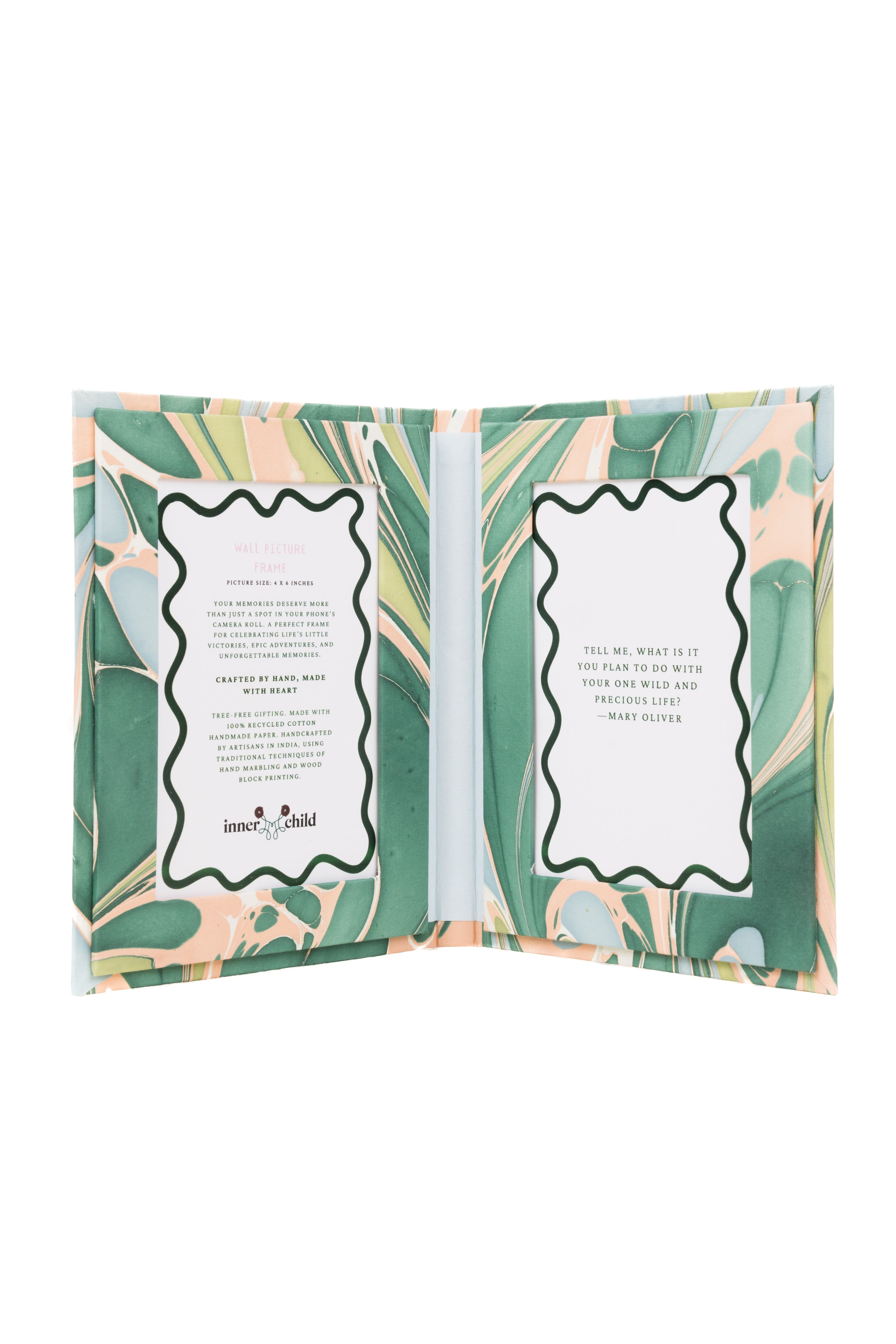 Hand-Marbled Picture Frame Folding Book 4x6 in Green & Pink