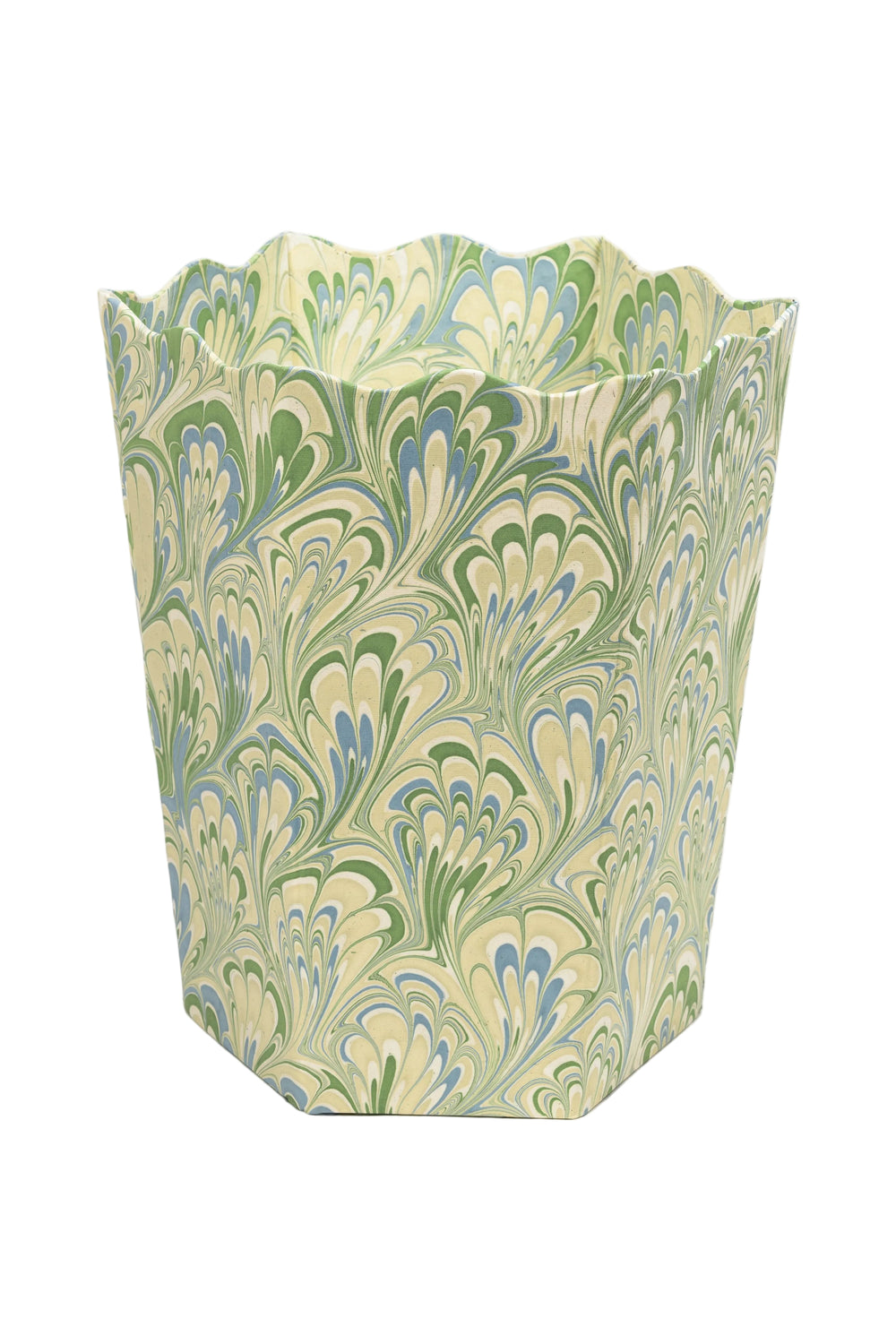 Inner Child hand-marbled scallop waste bin seaglass peacock