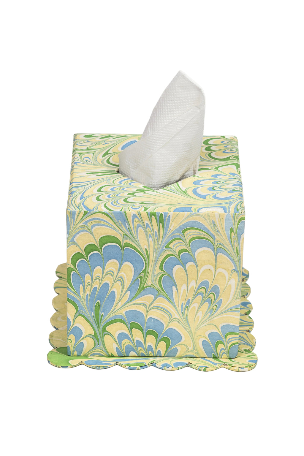 Hand-marbled scallop base tissue box cover in seaglass peacock
