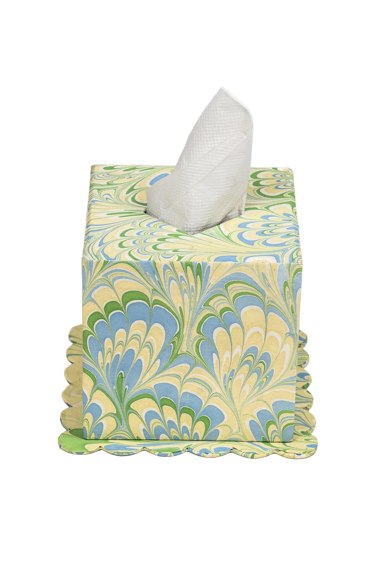 Hand-marbled scallop base tissue box cover in seaglass peacock