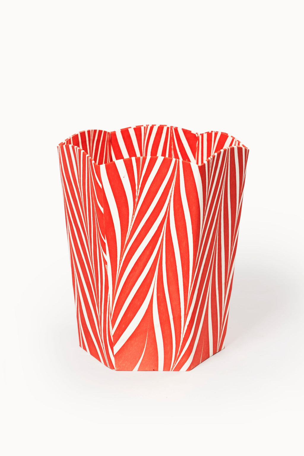 Hand-marbled scallop waste bin in Candy Cane pattern with red and white stripes