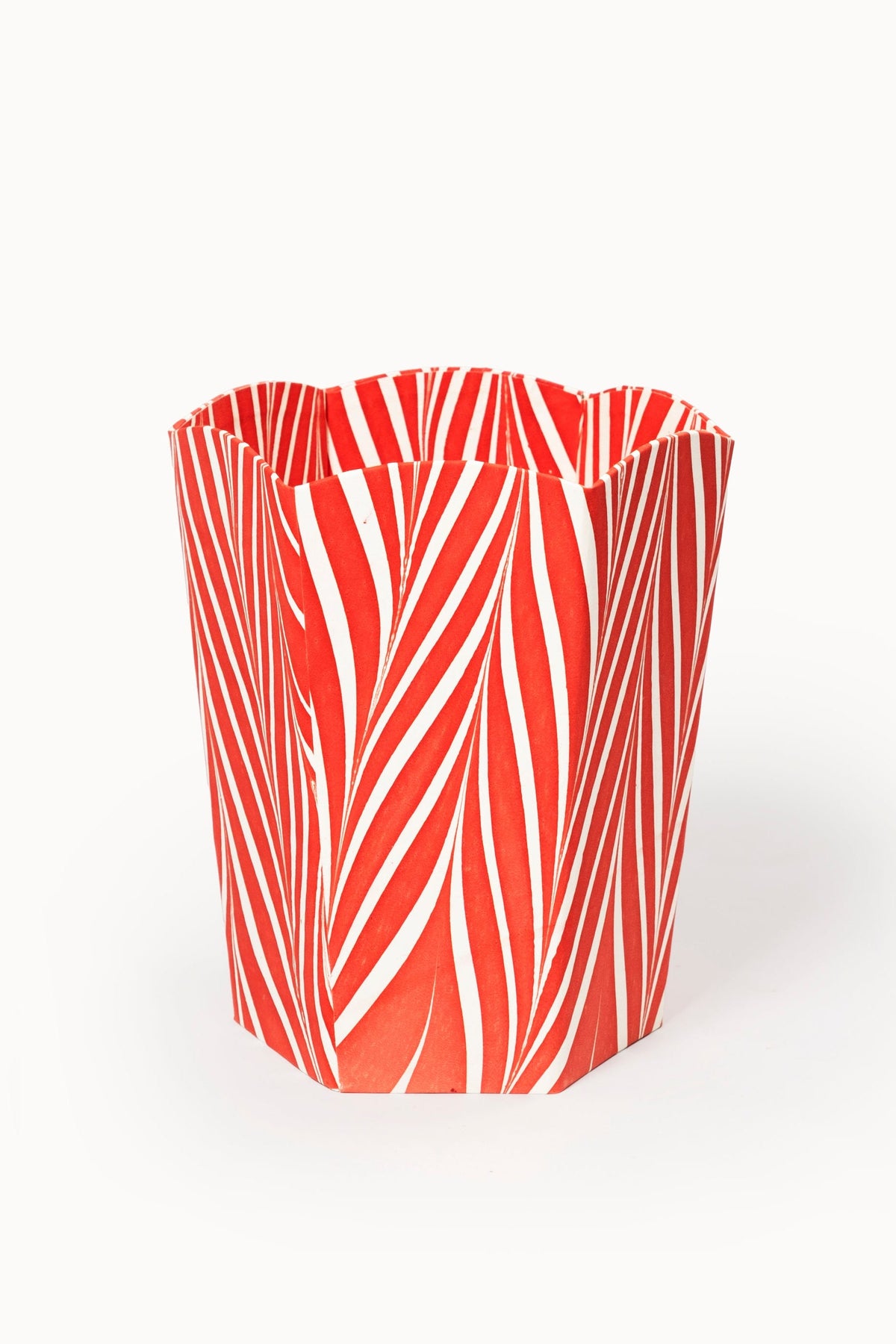 Hand-marbled scallop waste bin in Candy Cane pattern with red and white stripes
