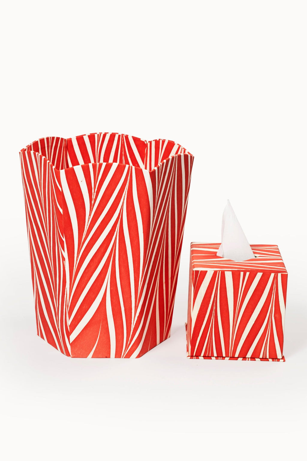 Hand-marbled candy cane tissue box cover and matching waste bin set