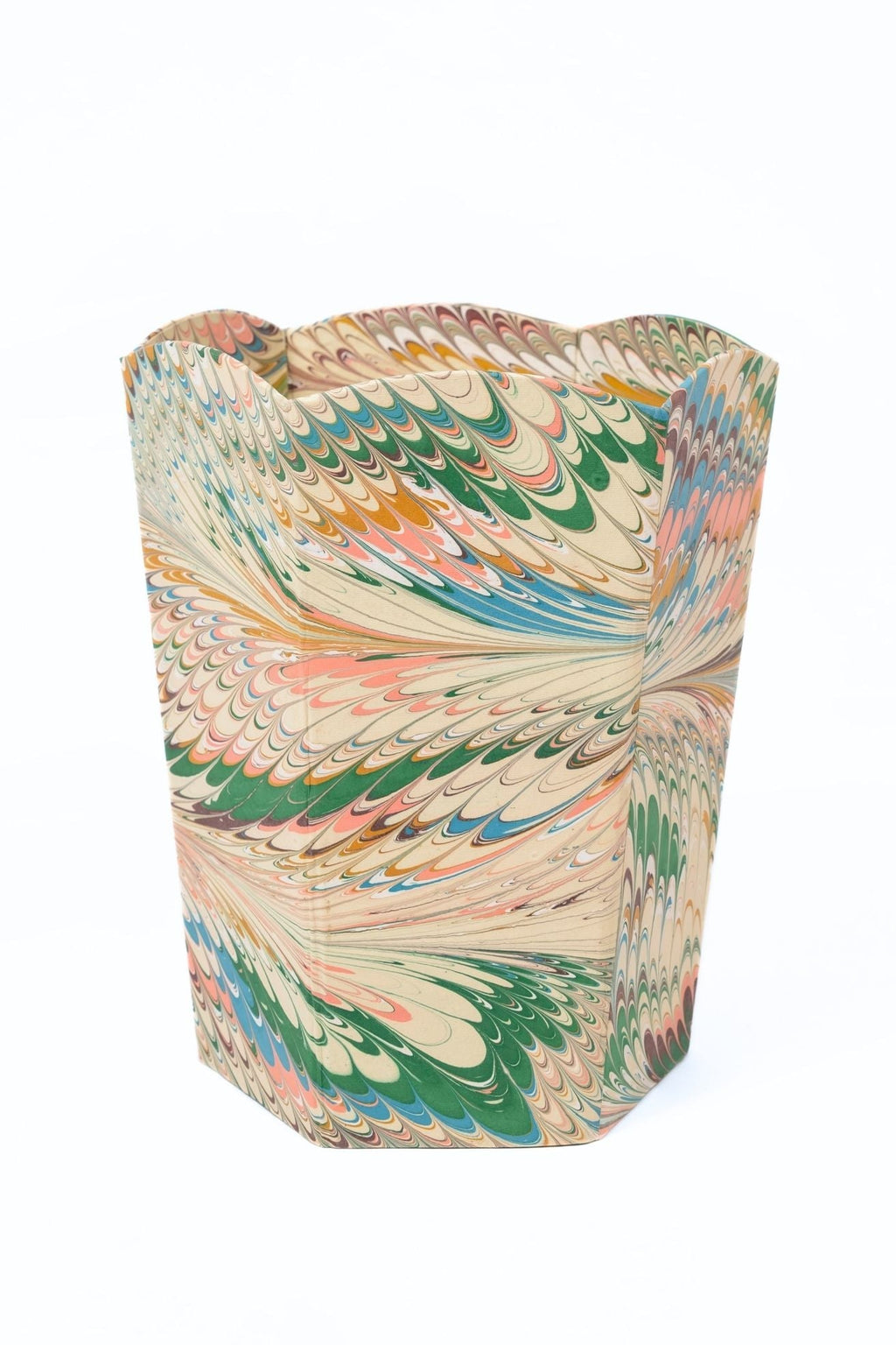 Hand-marbled scallop storage bin in Flatiron Feathers pattern with colorful swirl