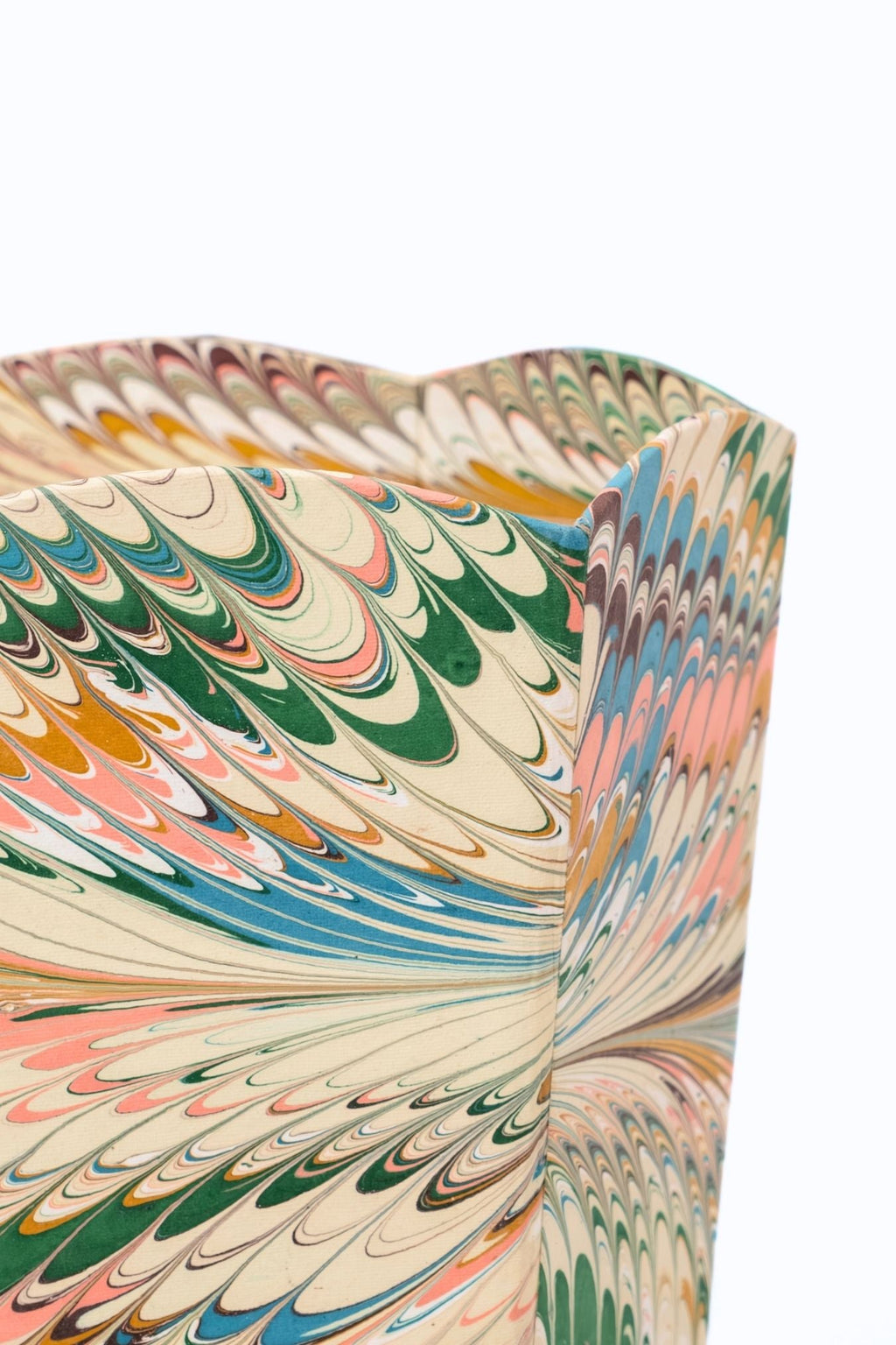 Hand-marbled scallop waste bin with Flatiron Feathers pattern - vibrant multicolor marbling