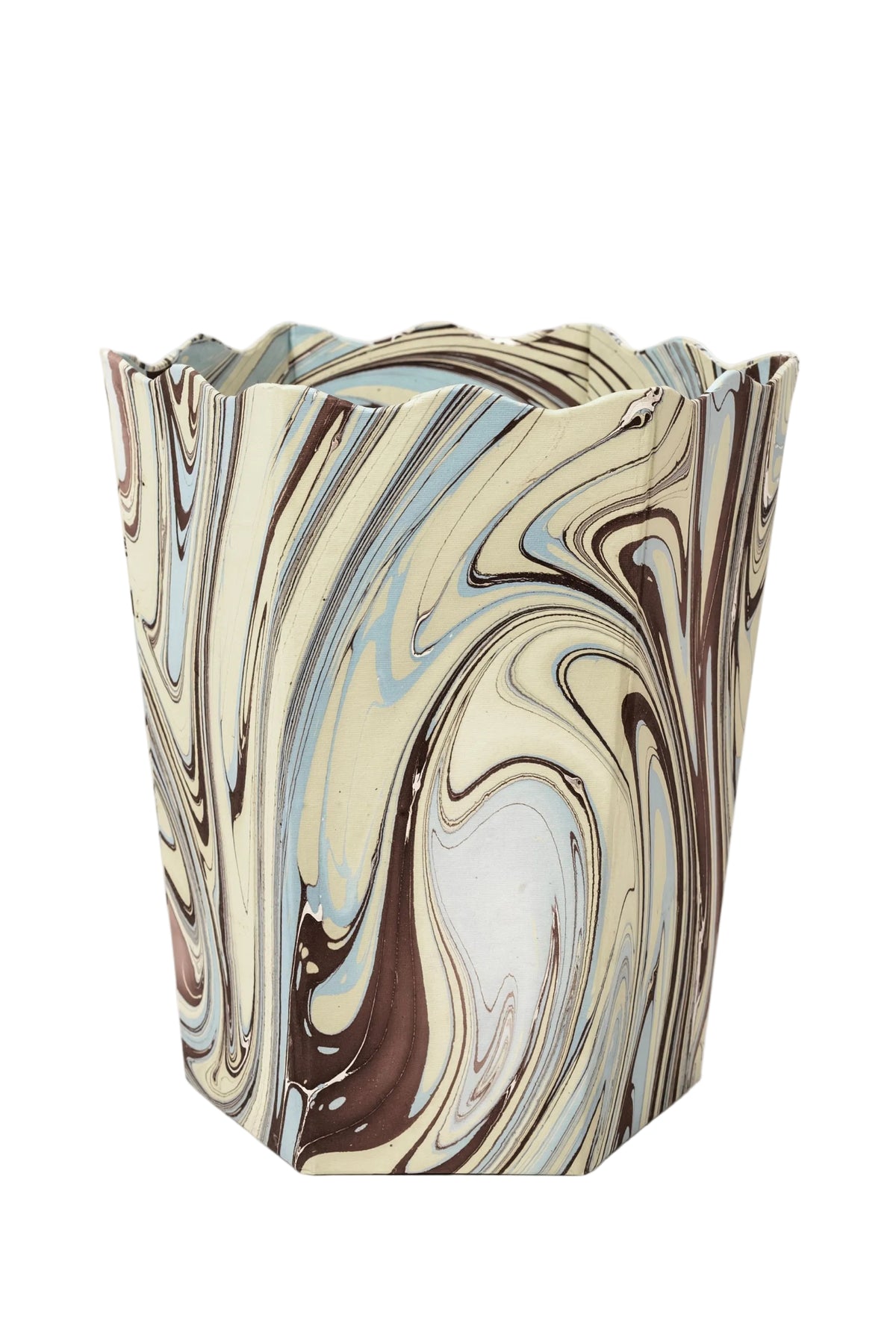 Hand-marbled scallop waste bin with beige brown blue swirls by Inner Child
