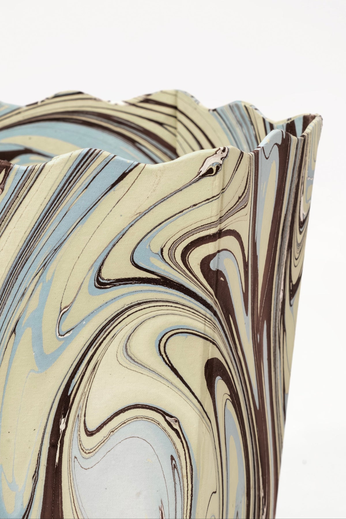 Hand-marbled scallop bin with blue/brown swirls by Inner Child