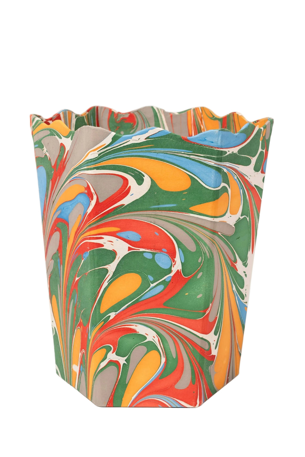 Hand-marbled scallop waste bin in Marais style with colorful swirling patterns