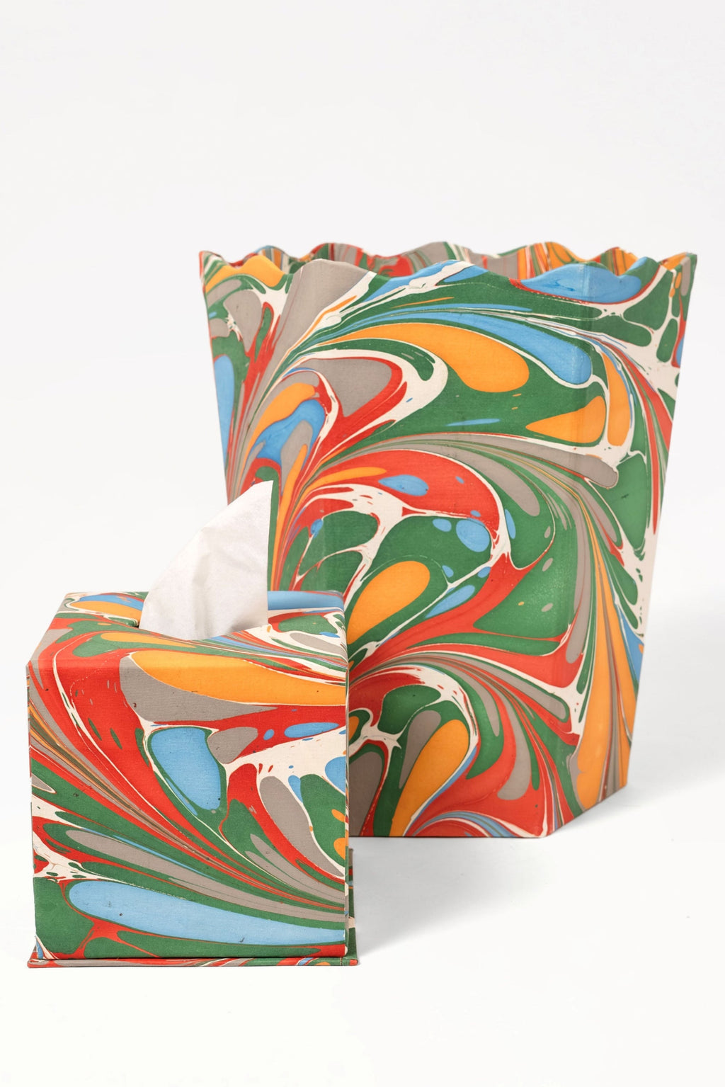 Hand-marbled scallop waste bin with vibrant multicolor design, Inner Child