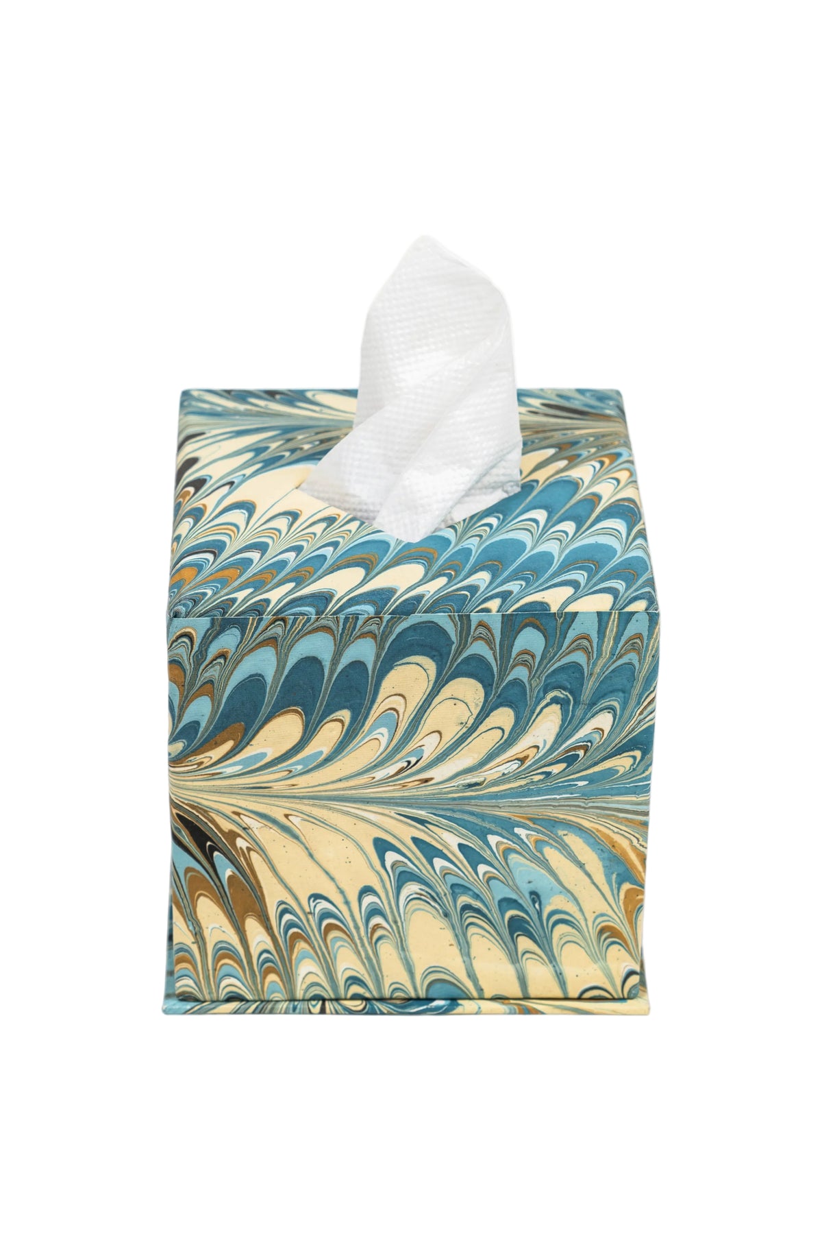 Hand-marbled tissue box cover with blue, beige, brown marbling patterns