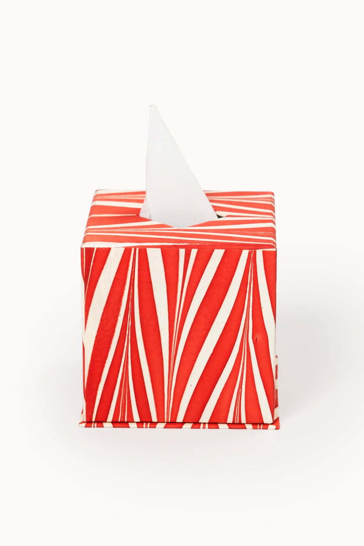 Hand-marbled candy cane tissue box cover with striped pattern