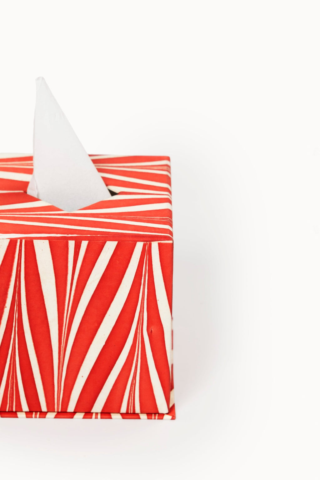 Hand-marbled tissue box cover in red-and-white candy cane stripes from Inner Child