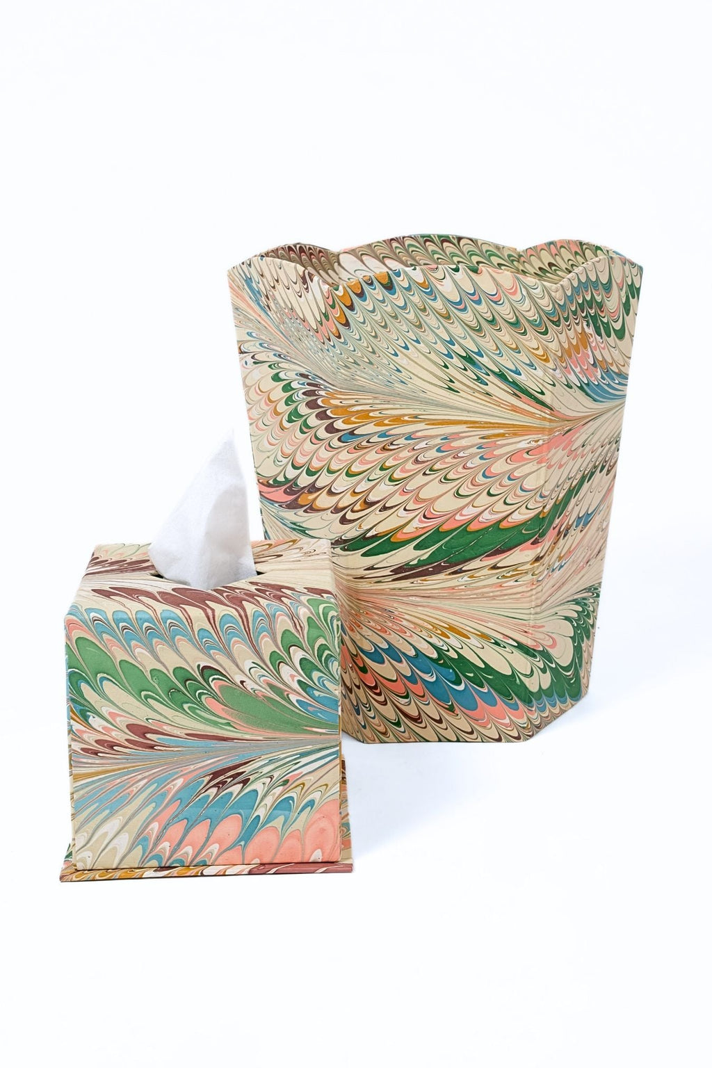 Hand-marbled tissue box covers with colorful feather patterns from Inner Child