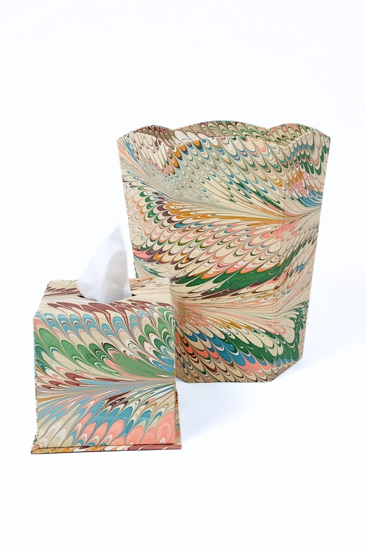 Hand-marbled tissue box covers with colorful feather patterns from Inner Child