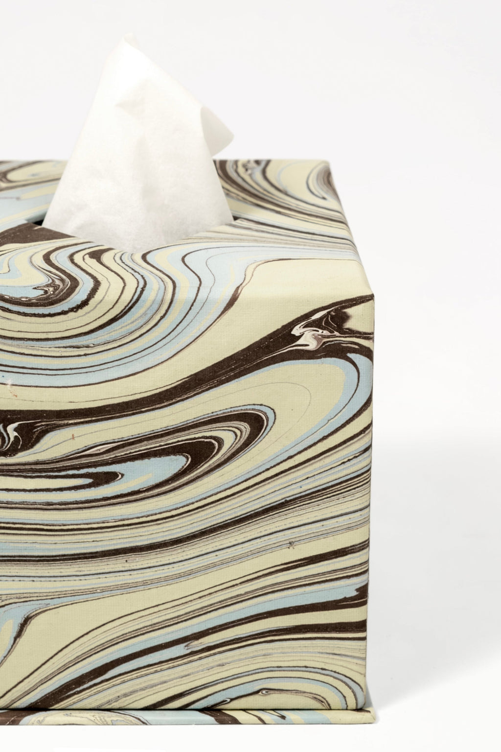 Hand-marbled Kyoto tissue box cover with cream, brown, and blue swirls, white tissues visible