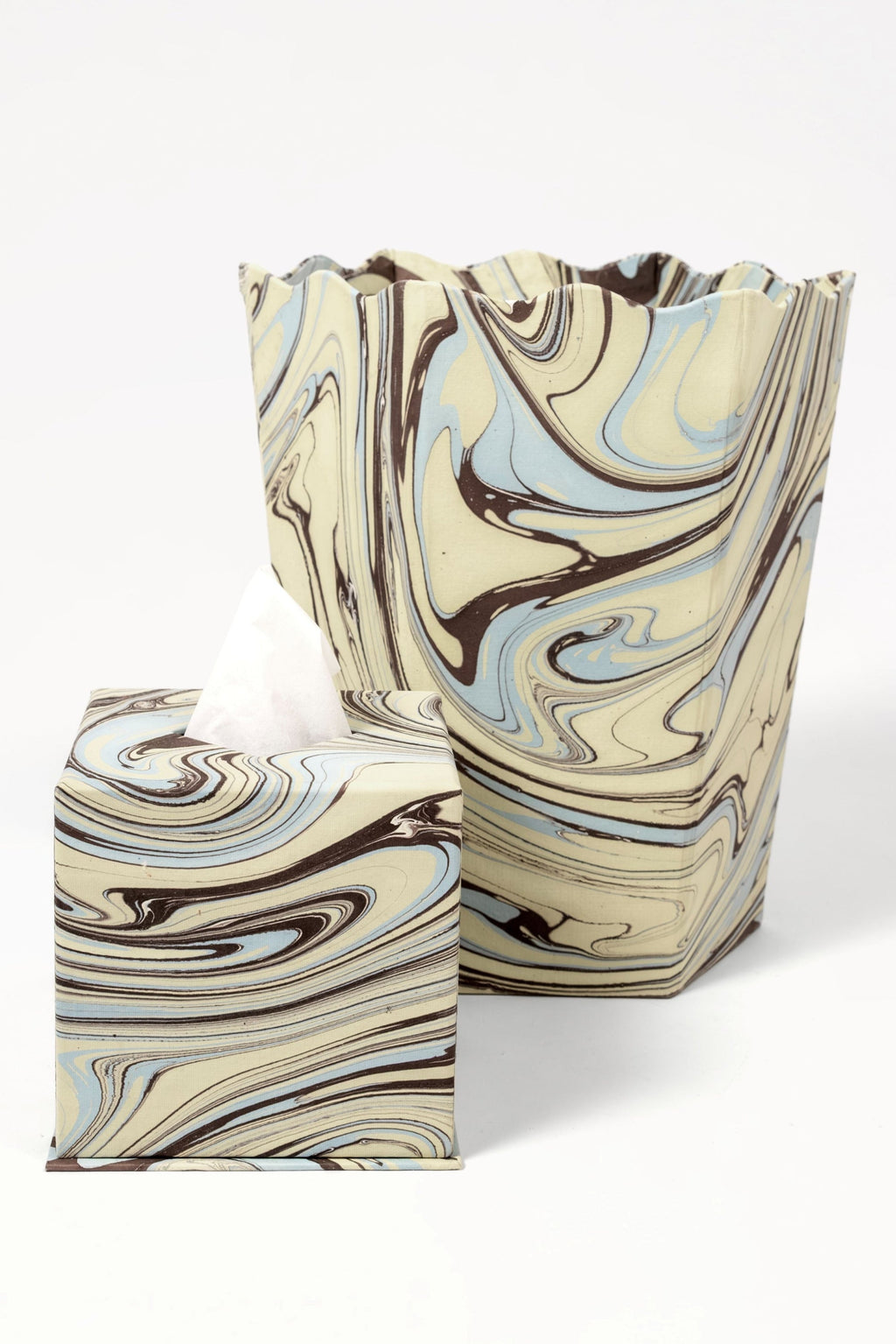 Hand-marbled scallop waste bin & tissue holder by Inner Child, beige brown blue marbling