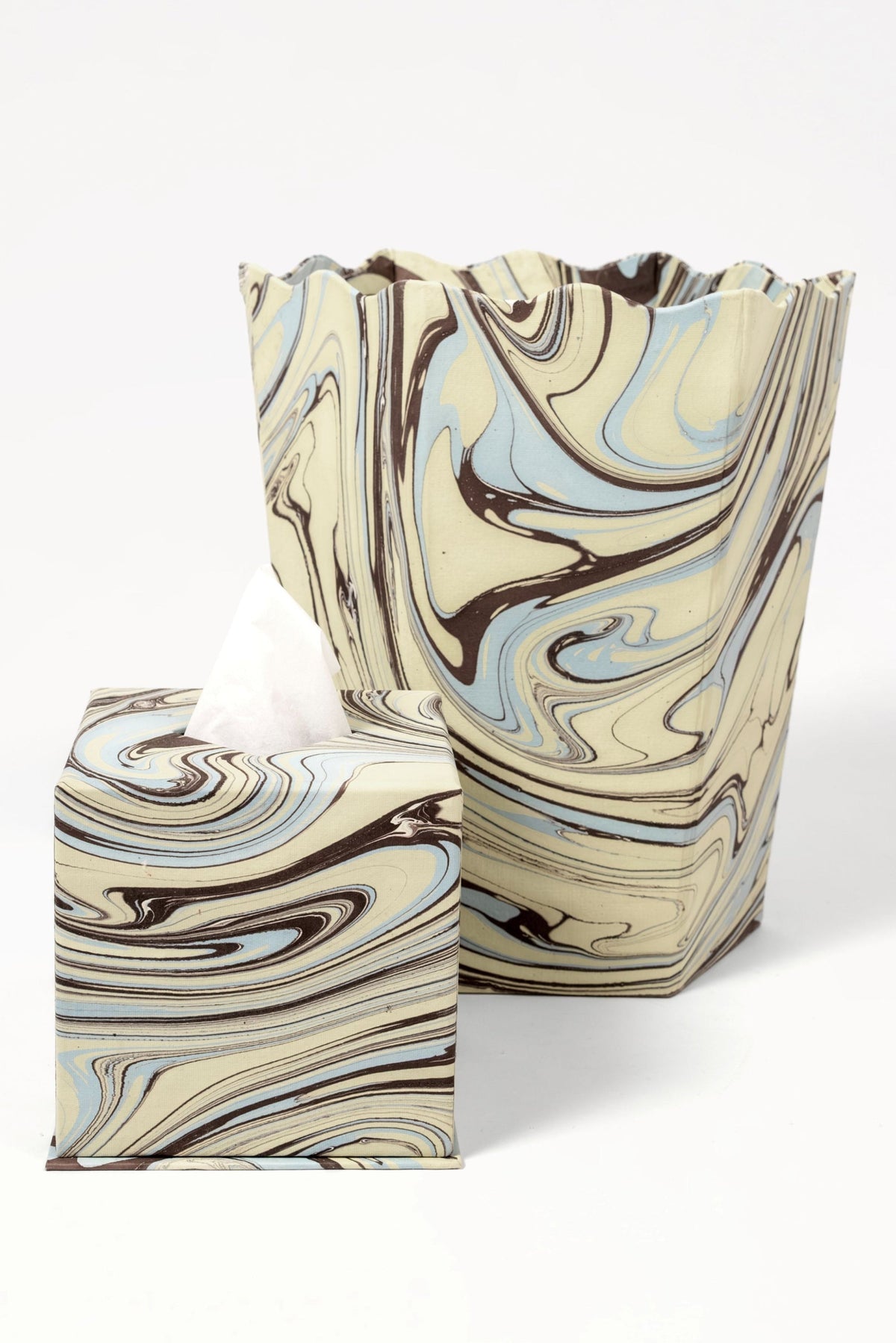 Hand-marbled scallop waste bin & tissue holder by Inner Child, beige brown blue marbling
